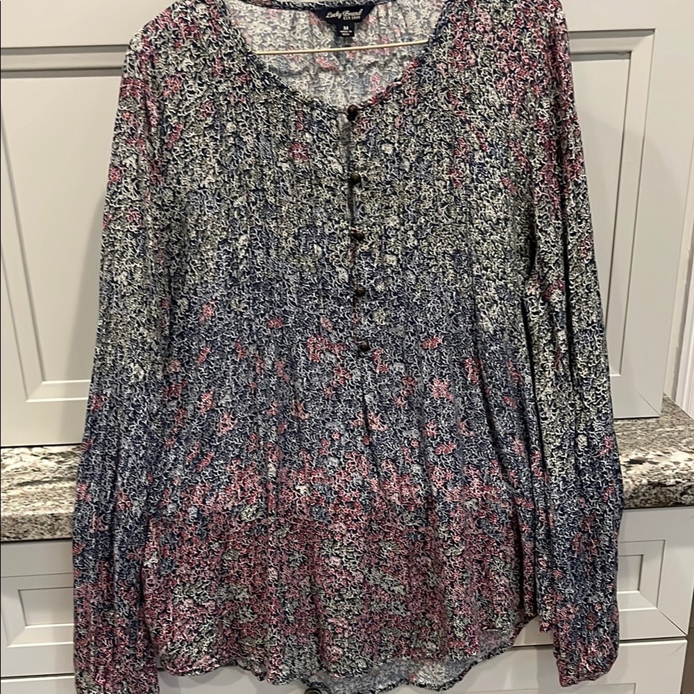 Lucky Brand Gray and Pink Long Sleeve Blouse with Peter Pan Collar